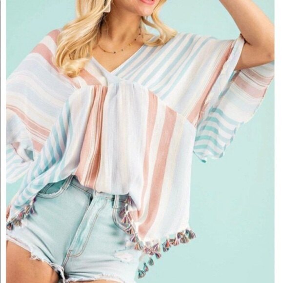NEW NWT KORI Salmon & Blue Striped Tassel Top Beach Coverup V-neck Oversized Sm - Picture 2 of 9